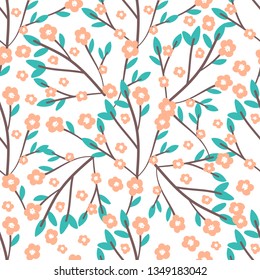 Branches with leaves and flowers seamless pattern. Sketch for wrapping paper.