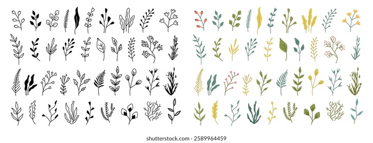 Branches with leaves and flowers, set of seasonal vegetation. Vector collection of colorful and grunge styles forest plants with foliage and flowers. Botany adornment of summer or spring season