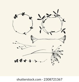 Branches leaves and flowers silhouettes set drawing on beige background