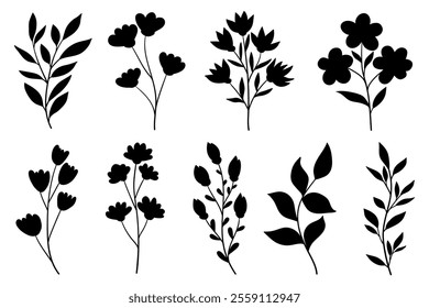 Branches with leaves and flowers silhouettes set. Feminine botanical floral branches silhouette collection isolated on white background