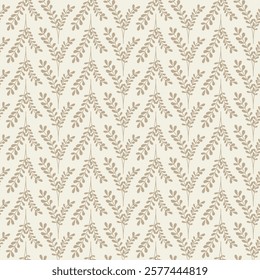 Branches of Leaves in Mocha Coffee in V Formation Vertical Stripes on an Ivory Vanilla background creating a seamless pattern print background