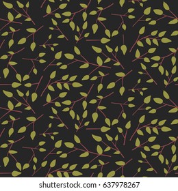 Branches with leaves on a black background. Vector simple seamless flower pattern