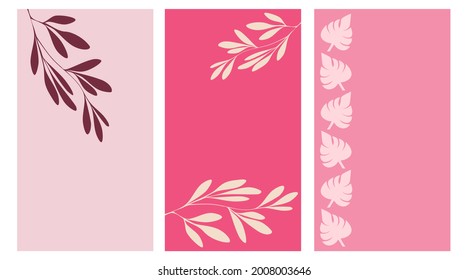 Branches and leaves on pink backgrounds Social media stories design. Copy space Isolated vector illustration on white background