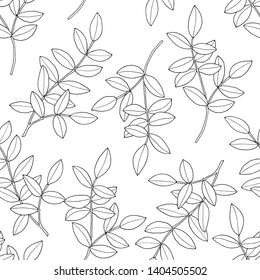 Branches with leaves. Seamless pattern. Hand drawn ink illustration in line art style. Texture for print, fabric, textile, wallpaper.