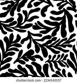 Branches with leaves seamless pattern. Hand drawn black brush botanical ornament. Hand drawn vector eucalyptus, laurel twigs. Dry brush style floral motives. Monochrome print.