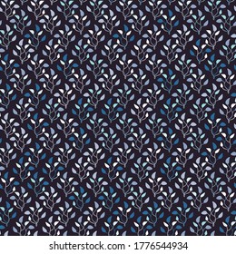 Branches with leaves seamless vector pattern. Dark unisex botanical surface print design for fabrics, stationery, textiles, wrapping paper, scrapbooking, and packaging.