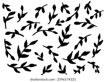 Branches with Leaves Silhouette, Hand drawn Botanical Vector Illustration