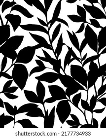 Branches  of leaves. Silhouettes of leaves seamless pattern. beautiful allover Vector illustration, black leaves and branches on white background.