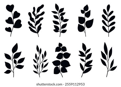 Branches and Leaves Silhouettes Set in Black and White. Wild plants leaves black silhouettes isolated on white background