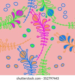 Branches with leaves and stamens, doodles, hole, spots, seamless pattern. Hand drawn.