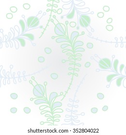 Branches with leaves and stamens, doodles, hole, spots, floral pattern. Hand drawn.