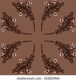 Branches with leaves and stamens, doodles, hole, spots, circular pattern. Hand drawn.