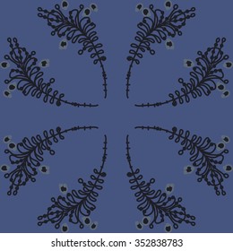 Branches with leaves and stamens, doodles, hole, spots, circular pattern. Hand drawn.