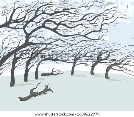 Branches, leaves and trees whipped by the wind