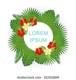branches and leaves of tropical plants. Round floral frame with space for text.