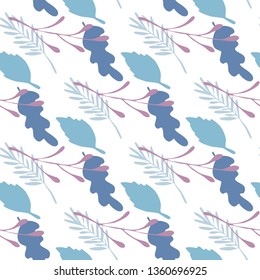 Branches and leaves  vector seamless pattern on white background. Green and blue colors. Backdrop flat style for textile or book covers, wallpapers, design, graphic art, wrapping