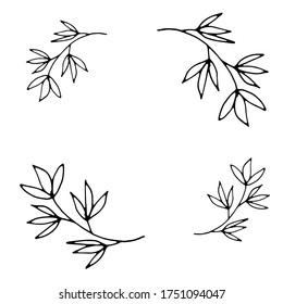 branches with leaves,flowers,leaves,berries doodles,ornament.Elements for wedding,Valentine's Day,mother's day,birthday,easter.Vector illustration,drawing.Hand drawn isolated on white background.