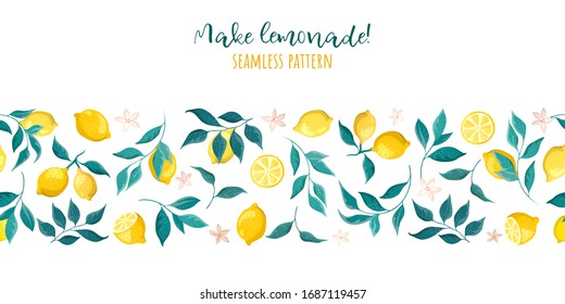 Branches of lemons on a white background. Bonanic elements, fruit illustration. Seamless pattern, frame