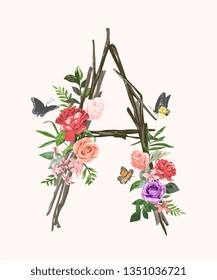 branches letter A decorated with colorful flowers and butterflies illustration