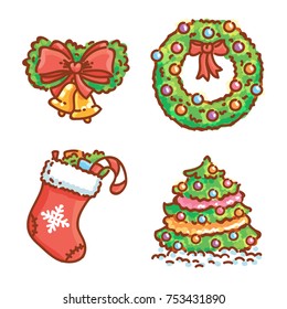 Branches with lights and bell, stockings and tree. Cute cartoon illustration elements for Christmas and New Year celebration. Vector hand drawn doodle style for for greeting card, poster, banner