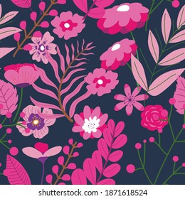 Branches with lush leaves and flourishing flowers. Blooming plant, exotic or tropical botany. Natural romantic floral background or print. Seasonal blossom. Seamless pattern, vector in flat style