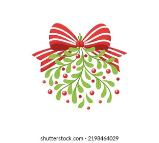 Branches of mistletoe with berries and red bow. Hanging green twigs tied with bow, Christmas bouquet. Xmas and New Year holiday decoration for party invitation, banner, greeting card cartoon vector