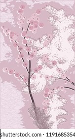 Branches of a mountain ash and a Christmas tree - pink abstract background - a flat style - vector illustration