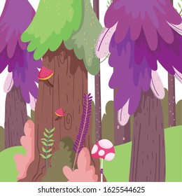 branches mushrooms trees forest landscape nature foliage theme vector illustration