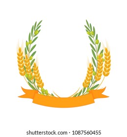 Branches of olive with green olives and ears wheat, floral wreath with ribbon banner, design elements for harvest festival