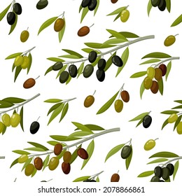 Branches with olives seamless pattern. Vitamin yellow oil and fruits for preservation sour vegetables for seasoning dishes and natural nutrition ripe green and black products. Vector cartoon.