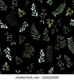Branches on a black background. Seamless pattern with fern, eucalyptus, green leaves. Hand drawn. For eco design, print,  wallpaper, wrapping paper. Vector stock illustration.