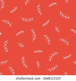 Ramas con fondo rojo. Patrón de Navidad sin fisuras. Fondo del doodle de invierno. Ideal para envolver papel, textiles y decoraciones navideñas. Ilustración vectorial.