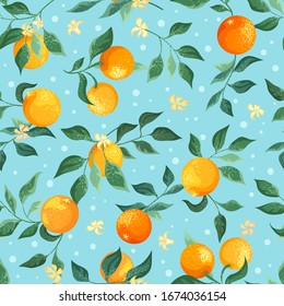 Branches of oranges with flowers on a blue background. Textile seamless pattern