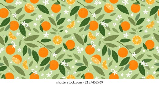 Ramas de naranjas con flores sobre un fondo verde, naranjas maduras patrón vectorial sin fisuras. Textura para el fondo. Ornamento para textil, tela, papel pintado, diseño de superficie.