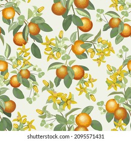 Branches with oranges and flowers.Color vector pattern with blossoming branches of oranges.