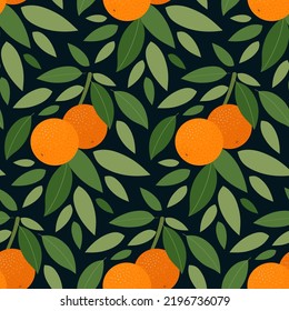 Branches of oranges on a black background. Vector illustration for textile, fabric, wallpaper, surface design.