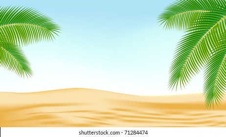 Branches of palm trees against the backdrop of the desert. Vector illustration.