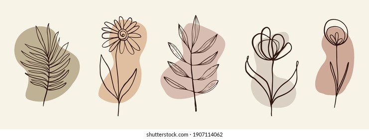 Ramas de palmeras y flores. Un conjunto de flores y de colores pastel. Dibujar plantas en una línea. Establecer la ilustración del material vectorial. Elementos botánicos para la decoración.