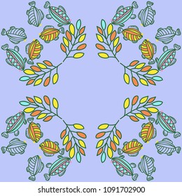Branches  pattern with  fishes, leaves . Hand drawn.
