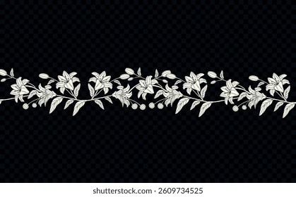 Branches pattern. Minimalistic flowers. Elegant irises hand drawn. Ink and pencil. Isolated outline. Herbs. Wedding ornament. Decoration elements. Silhouette flourish. Cut out. Scribble. Border, frame