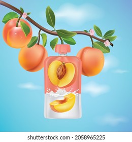 Branches of peach fruiting plants and peach packaging