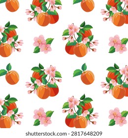 Branches with peaches and flowers.Vector seamless pattern with peaches and flowers on a white background.