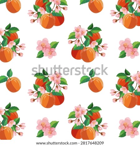 Branches with peaches and flowers.Vector seamless pattern with peaches and flowers on a white background.