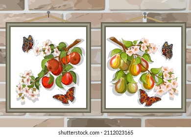 Branches of pears and apples within.Vector illustration with fruits in frames with butterflies on a colored background.