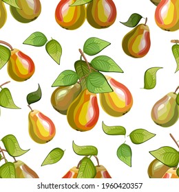Branches with pears in a color pattern.Ripe pears on a white background in a color vector pattern.