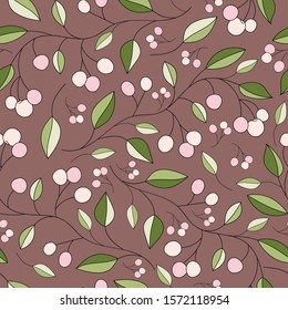 Branches with pink berries on the maroon background. Vector seamless pattern.