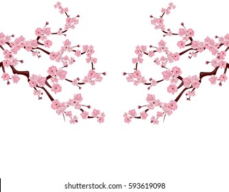 Branches with pink flowers and cherry buds. Sakura is located on both sides. isolated on white background. vector illustration