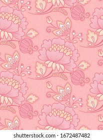 Branches of pink peonies on a pale-pink background
