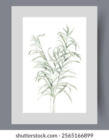 Branches of plant or bush from natural park with flora from different regions on wall art. Watercolor artwork. Print with plant twigs plucked from summer tree, in frame with decor for poster