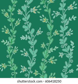 The branches of the plant are an seamless pattern. Illustration for fabric. Garden, branches, flowers, Green, blue
